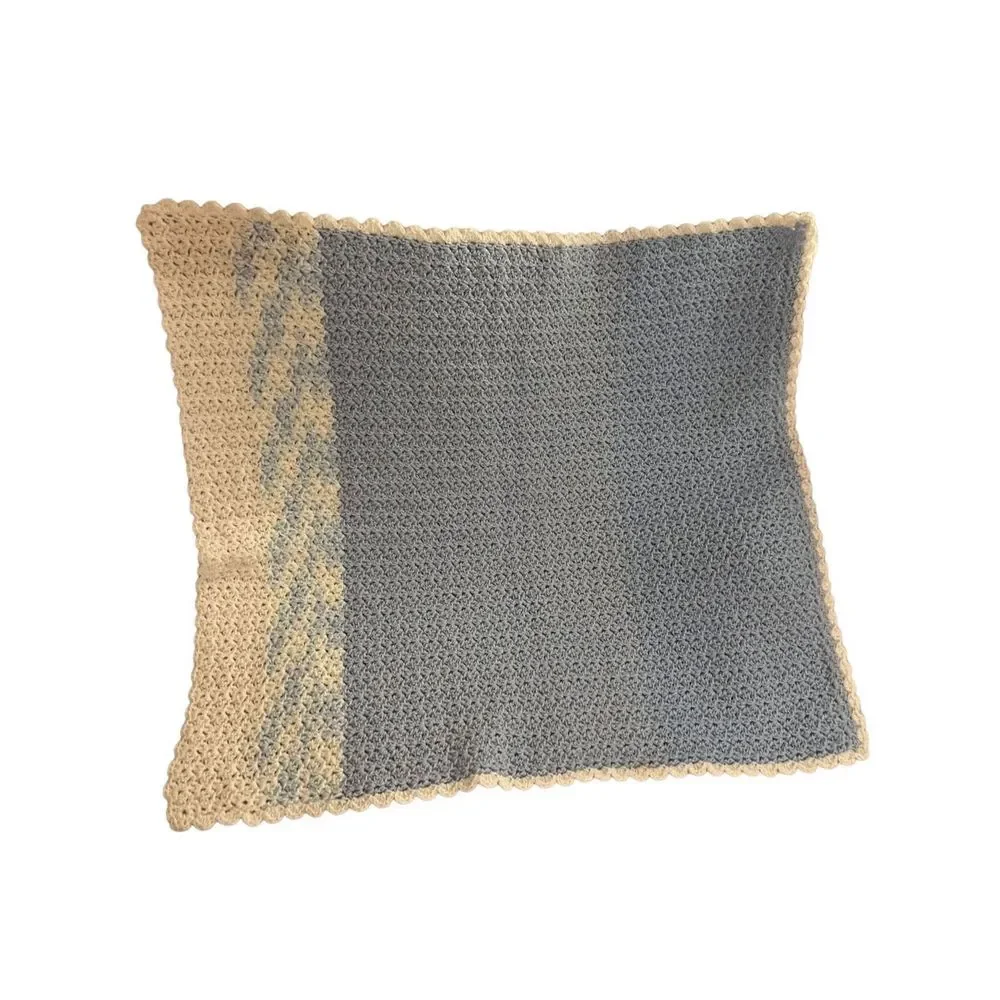 Handmade Knit Crochet Baby Blanket Pastel Blue White Lap Blanket Size 30”‎ X 35”